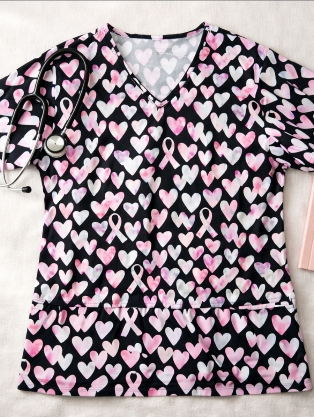 Breast Cancer Awareness Scrub Top Pink Ribbon Hearts Nurse Uniform M Oncology